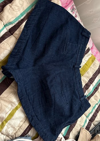 Kadın Lacivert Pileli Mini Kot Şort - Görsel 4