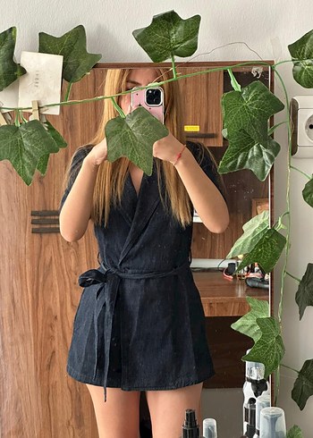 Kadın Lacivert Kot Kısa Tulum - Görsel 4