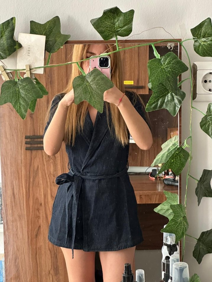 Kadın Lacivert Kot Kısa Tulum - Görsel 4