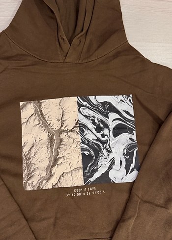 xl Beden Kapüşonlu Kahverengi Baskılı Sweatshirt