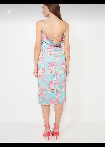 V Yaka Drapeli Turkuaz Mini Elbise - Görsel 2