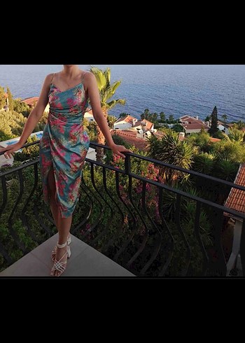 V Yaka Drapeli Turkuaz Mini Elbise - Görsel 4