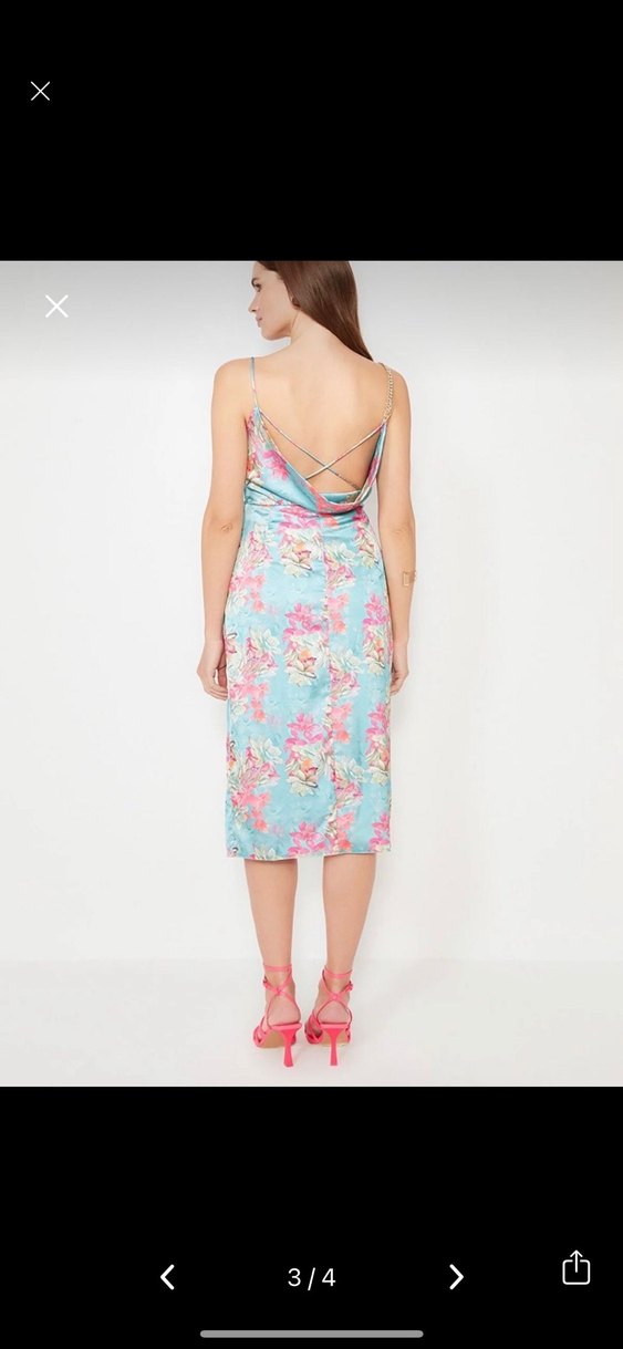 V Yaka Drapeli Turkuaz Mini Elbise - Görsel 2