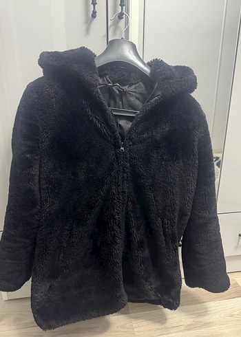Siyah Kürk Midi Peluş Kürk Detaylı Ceket - Görsel 2