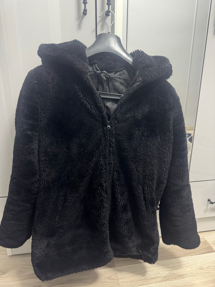 Siyah Kürk Midi Peluş Kürk Detaylı Ceket - Görsel 2