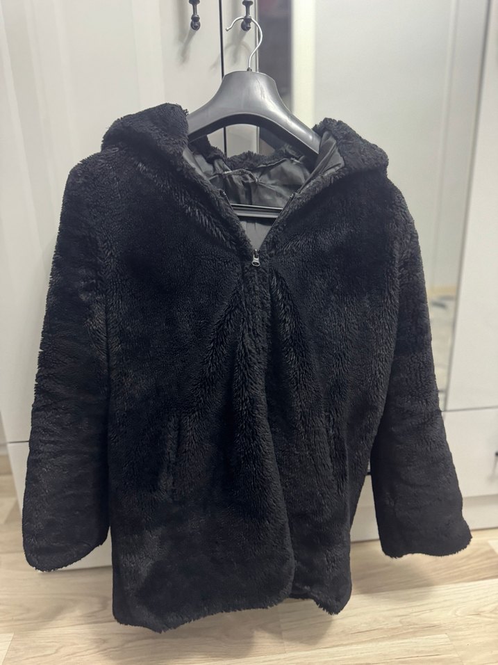 Siyah Kürk Midi Peluş Kürk Detaylı Ceket - Görsel 4