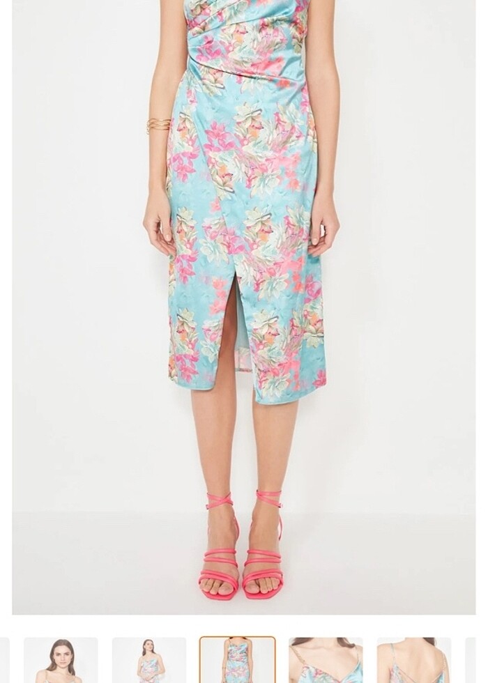 TRENDYOLMİLLA Çok Renkli Çiçek Baskılı Dokuma Saten Şık Abiye El - Görsel 2