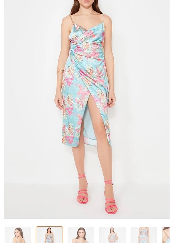 TRENDYOLMİLLA Çok Renkli Çiçek Baskılı Dokuma Saten Şık Abiye El - Görsel 4