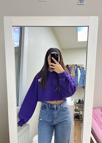Mor Bağlama Desenli Crop Sweatshirt