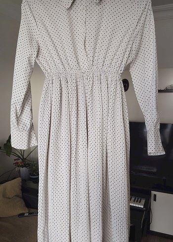 Beyaz Puantiyeli Uzun Kollu Bohem Elbise - Görsel 7
