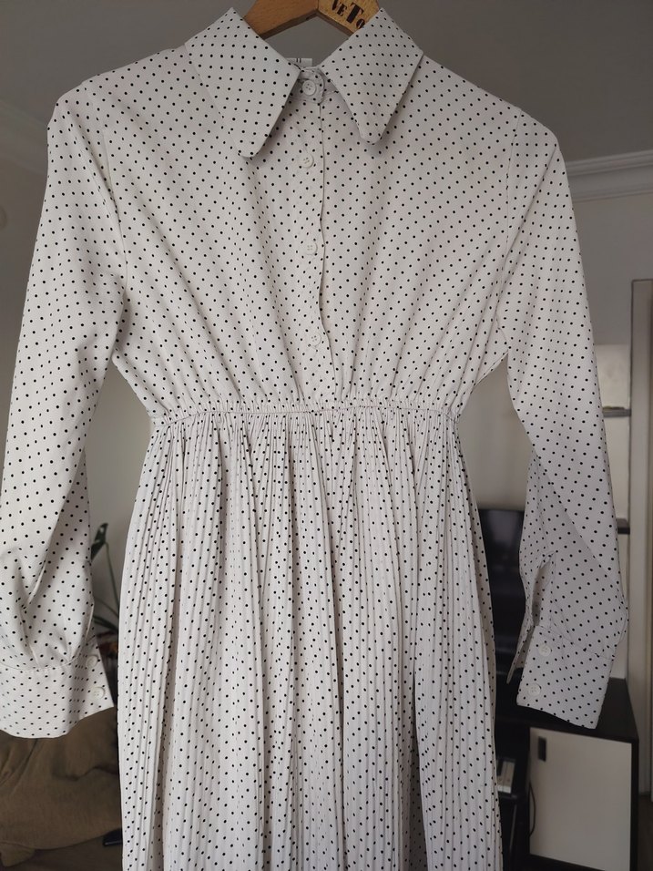 Beyaz Puantiyeli Uzun Kollu Bohem Elbise - Görsel 5