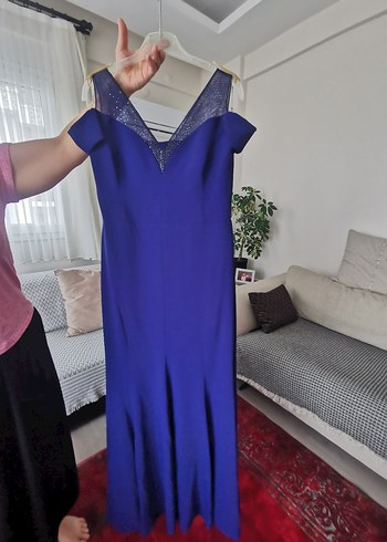40 Beden Lacivert Drapeli V Yaka Uzun Abiye Elbise