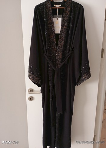 taşlı,leopar dantel şeritli abaya