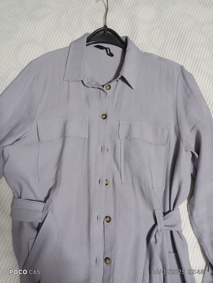 Gri Uzun Kollu Düğmeli Keten Gömlek elbise,kap - Görsel 2