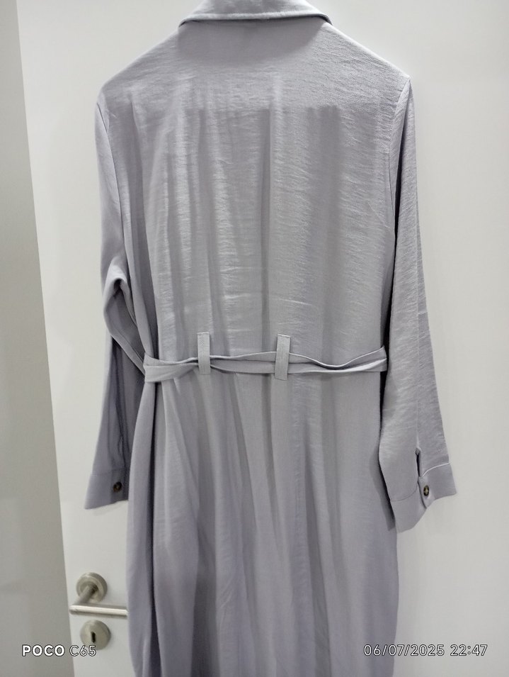 Gri Uzun Kollu Düğmeli Keten Gömlek elbise,kap - Görsel 5