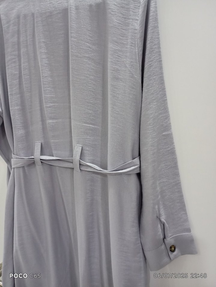 Gri Uzun Kollu Düğmeli Keten Gömlek elbise,kap - Görsel 3