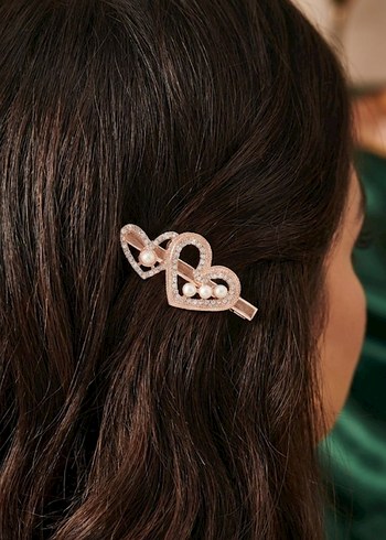 Kristal Taşlı, İncili İkili Kalp Metal Mandal Rose Gold Toka - Görsel 2