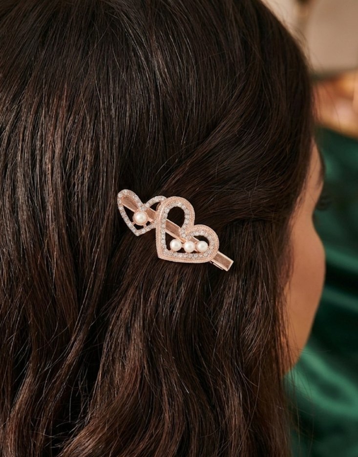 Kristal Taşlı, İncili İkili Kalp Metal Mandal Rose Gold Toka - Görsel 2