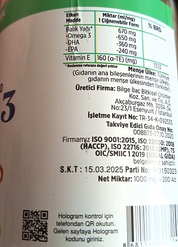 xxl Beden OMEGA 3 EPA 240 DHA 360 YUMUŞAK 200 KAPSÜL SOFTGEL 1300 MG