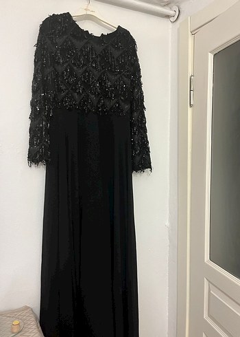 40 Beden Uzun Kollu Siyah Gotik Abiye Elbise