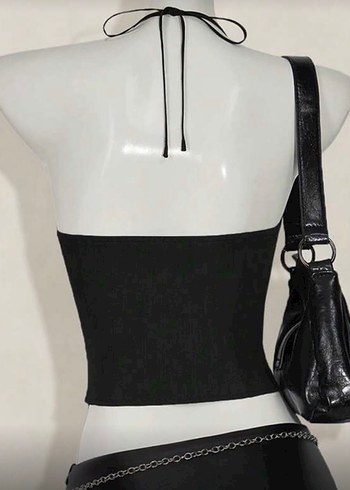 Sheinside Siyah Deri İşlemeli Gotik Straplez Bustiyer