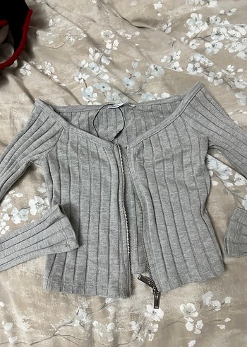Gri Fitilli Örgü Kadın Mini Kazak omuz açığı