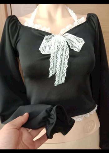 Siyah Fırfırlı Uzun Kollu Gotik Bluz lolita - Görsel 2