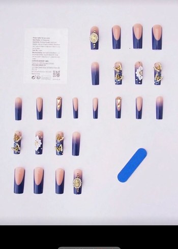 Mavi 3D Çiçekli Tırnak takma 24 adet shein lolita - Görsel 2