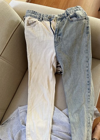 Kadın Gri-Beyaz Yırtık Salaş Midi Kot Pantolon