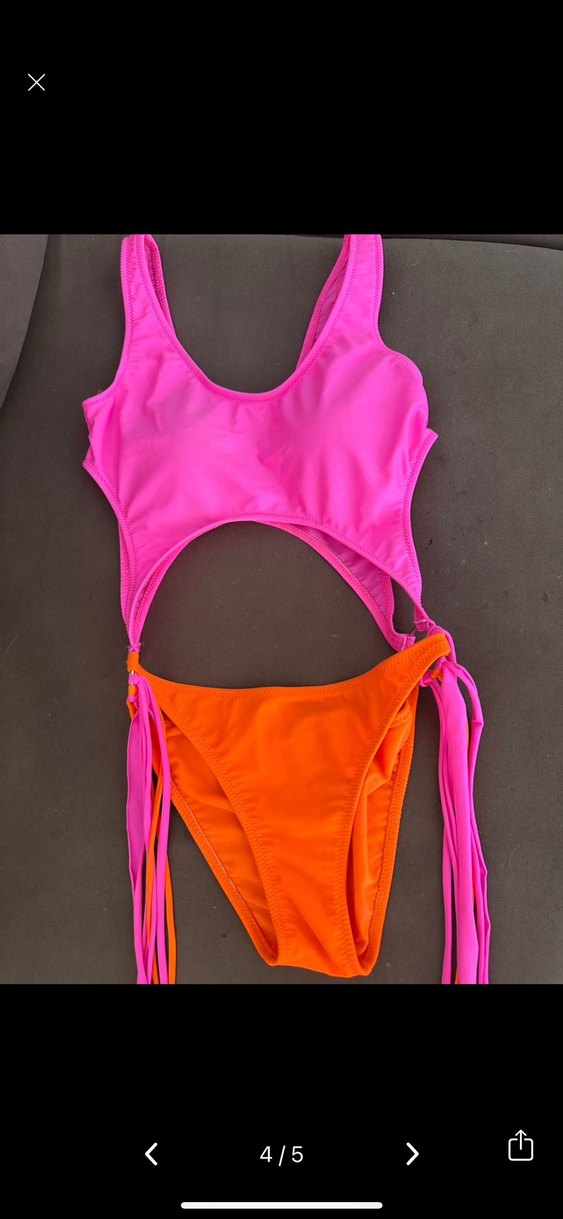 Pembe Turuncu Bağlamalı Mini Monokini - Görsel 4