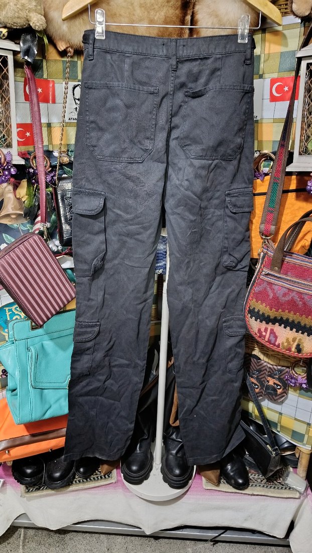 Gri Kadın Bol Kesim Kemerli Denim Pantolon — görsel 3/4
