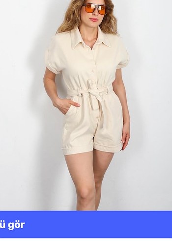 Beyaz Kısa Kollu Kemerli Mini Tulum - Görsel 2