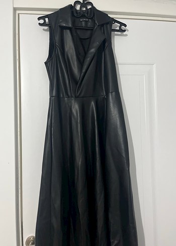 Kemerli, Uzun Kesim Siyah Deri Kadın Jile Elbise - Görsel 3