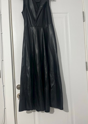 Kemerli, Uzun Kesim Siyah Deri Kadın Jile Elbise - Görsel 2