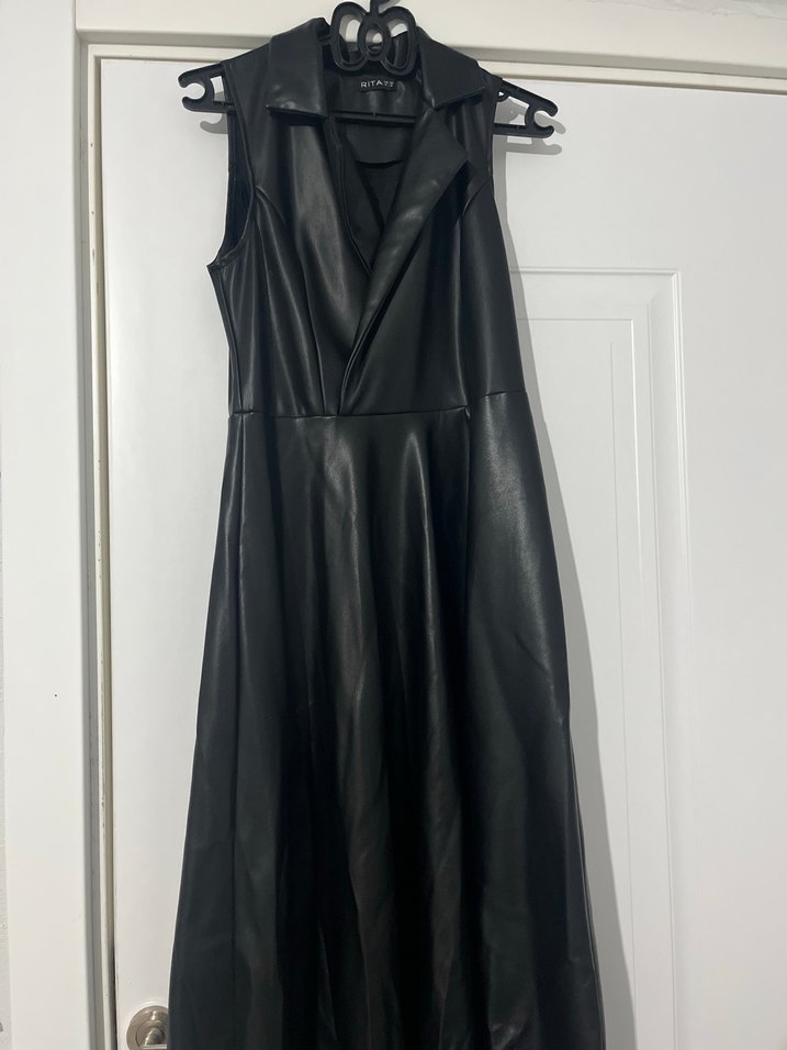 Kemerli, Uzun Kesim Siyah Deri Kadın Jile Elbise - Görsel 3