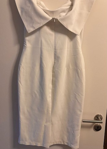 Beyaz Drapeli Straplez Midi Kalem Elbise - Görsel 5