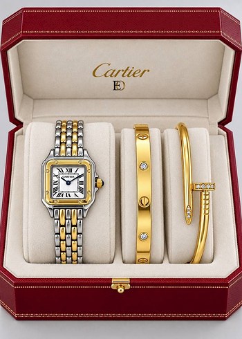 Cartier İki Renkli Saat Altin Aksesuar Seti