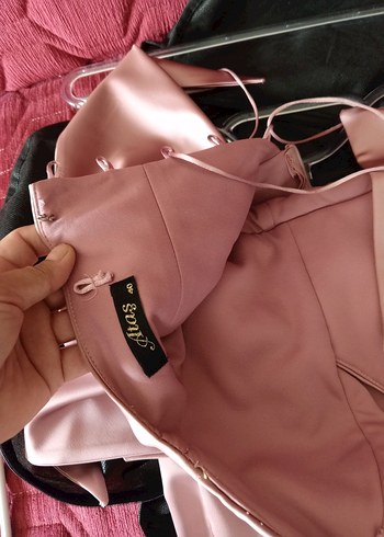 Pembe Straplez Uzun Drapeli Kadın Abiye Elbise - Görsel 5