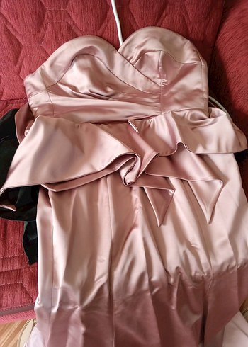 Pembe Straplez Uzun Drapeli Kadın Abiye Elbise - Görsel 13