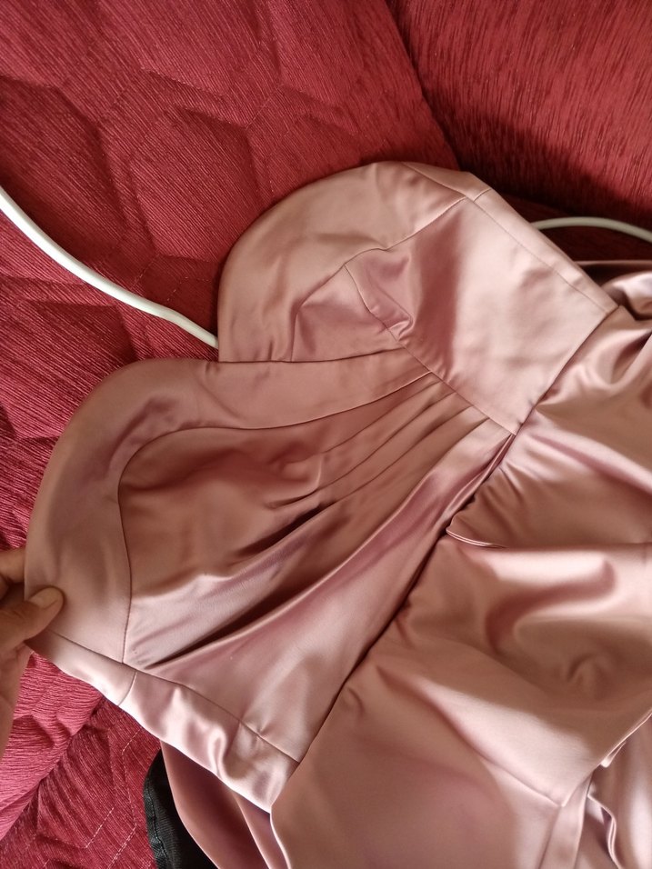 Pembe Straplez Uzun Drapeli Kadın Abiye Elbise - Görsel 2