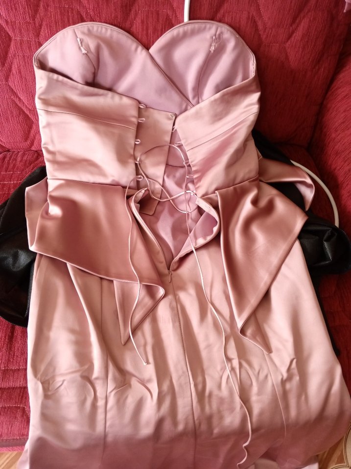 Pembe Straplez Uzun Drapeli Kadın Abiye Elbise - Görsel 4