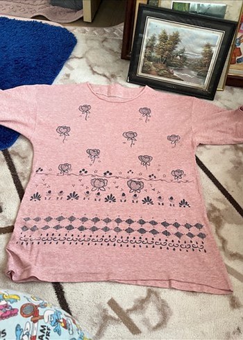 Pembe Desenli Kısa Kollu Triko Hamile Tişört - Görsel 2