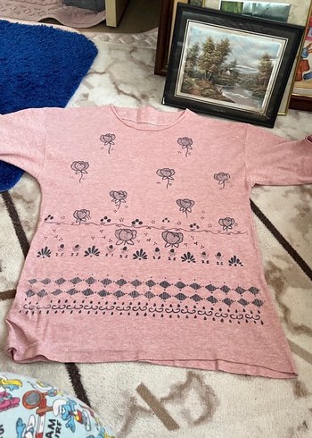 Pembe Desenli Kısa Kollu Triko Hamile Tişört - Görsel 3