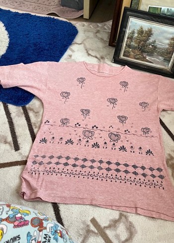 Pembe Desenli Kısa Kollu Triko Hamile Tişört - Görsel 4