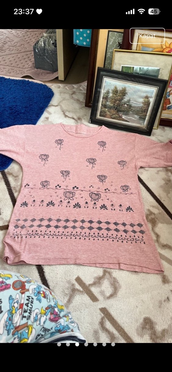 Pembe Desenli Kısa Kollu Triko Hamile Tişört - Görsel 3