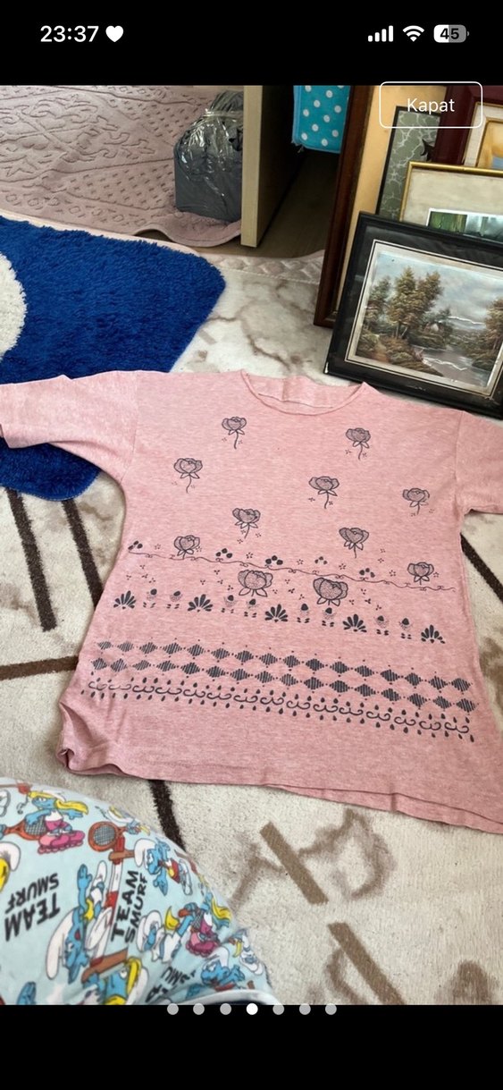 Pembe Desenli Kısa Kollu Triko Hamile Tişört - Görsel 4