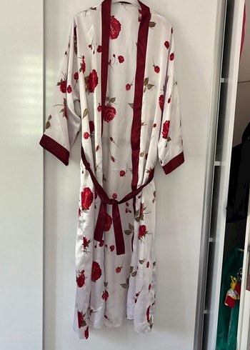 Bordo Çiçek Desenli Uzun Bohem Kadın Bornoz - Görsel 2