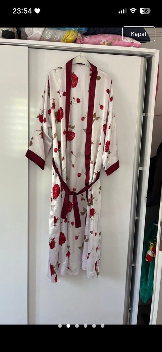 Bordo Çiçek Desenli Uzun Bohem Kadın Bornoz - Görsel 2