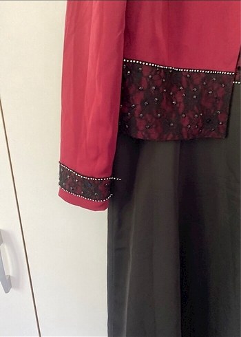 Bordo Nakışlı Uzun Kadın Takım Elbise - Görsel 3