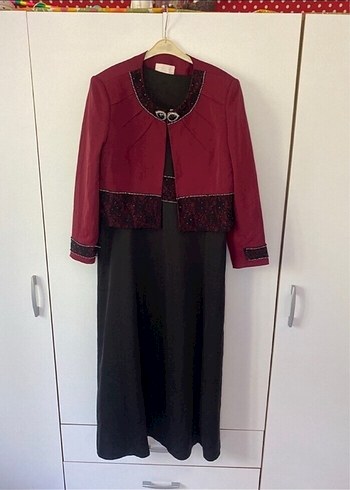 Bordo Nakışlı Uzun Kadın Takım Elbise - Görsel 2